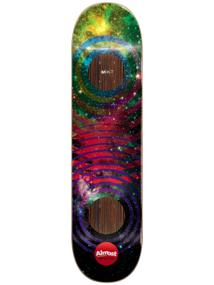 Almost Yuri Space Rings Impact 8.25 skateboard deck: Space photograph of colourful nebulae with concentric rings in blue, red and purple, and two circular patches of exposed wood grain at the bolt areas. Red Almost logo near the tail.