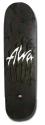 Alva Black Nipples skateboard deck: White brush-style Alva lettering with streaky drips on a black stained pool-shaped deck. Image is small and low resolution.