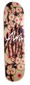 Alva Natural Nipples skateboard deck: White Alva script logo over a dense scatter of round pinkish forms with red centres, overlaid with dark brush-like streaks, on a pale deck. The image is small and blurry.