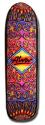 Alva Inca Blanket skateboard deck: Dense psychedelic woven-textile pattern in reds, purples and oranges, with a rainbow-gradient diamond in the middle holding the Alva script logo. The deck is a small old-school shape.