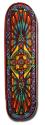 Alva Gothic Geometry skateboard deck: Symmetrical kaleidoscopic pattern of interlocking geometric shapes, spikes and diamonds in orange, teal, yellow and purple, within a purple border. The deck is a narrow shape with a rounded tail.