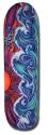 Alva Oceansize skateboard deck: A painterly abstract design of swirling blue, white and teal waves running down the deck against a purple and magenta background, with a red-orange sun at the left edge.