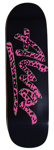 Alva OG Leopard Logo - Black/Pink/Green skateboard deck: Large pink leopard-print brush-style logo lettering with a thin green outline on a plain black deck, on a wide, shaped board.