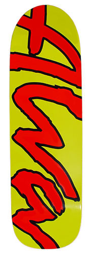 Alva OG Logo - Yellow/Red skateboard deck: Lime yellow deck with huge red brush-script Alva lettering, outlined in black, running the length of the deck at an angle.