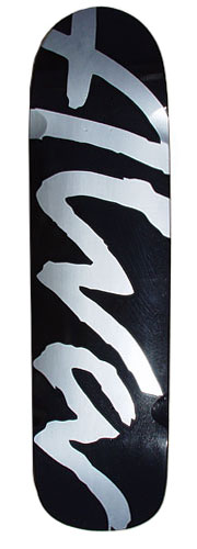 Alva Original Caddy - Black/Silver skateboard deck: Glossy black deck with a large silver brush-script Alva logo running up the board, cropped by the nose and tail.