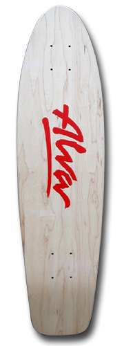 Alva 1977 Maple Re-Issue skateboard deck: Natural maple small cruiser-shaped deck with the red Alva brush-script logo across the middle and no other graphics.