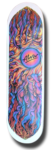 Alva Dark Sun skateboard deck: A circular script logo glows like a sun at the centre of swirling, flame-like tendrils that fill the deck, painted in vivid blues, purples, oranges and reds inside a white border.