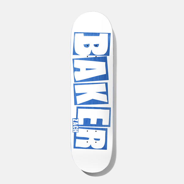 Baker Allen Brand Logo White/Blue 8.0 skateboard deck: Baker logo in large white block letters on blue tiles, stacked vertically across a white deck, with the rider's first name in small text on the lower letters.