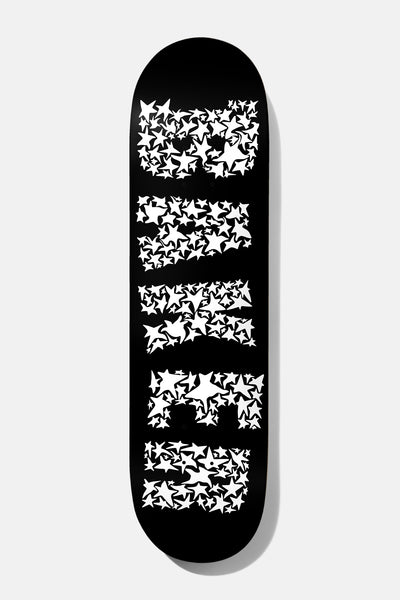 Baker Andrew Reynolds Get Lost 8.25 skateboard deck: Plain black deck with the Baker name set in large stacked block letters, each letter filled with a cluster of small white stars.