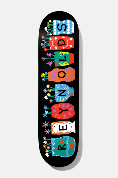 Baker Andrew Reynolds Pots & Flowers 8.5 skateboard deck: Row of colourful decorated vases with flowers, each vase carrying one letter that together spell the rider's surname, in flat folk-art style on black.
