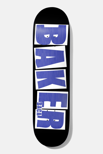 Baker Baca Brand Name Black Veneer 8.25 skateboard deck: Black deck with the Baker name stacked vertically in large blue letters on white paper-style tiles, each tile with small eyes. The rider name Baca is printed small beside the last letter.