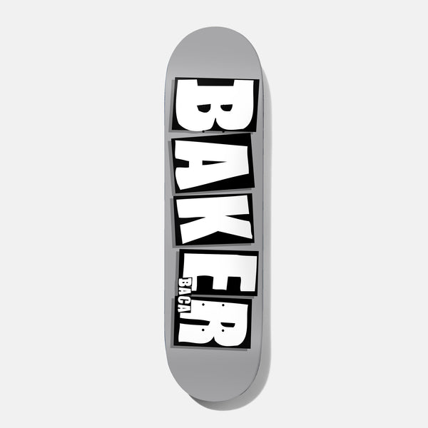 Baker Baca Brand Name Dipped Grey 8.5 skateboard deck: Plain grey deck with the Baker logo in large white block letters on black tiles, with a small Baca signature beside the E.
