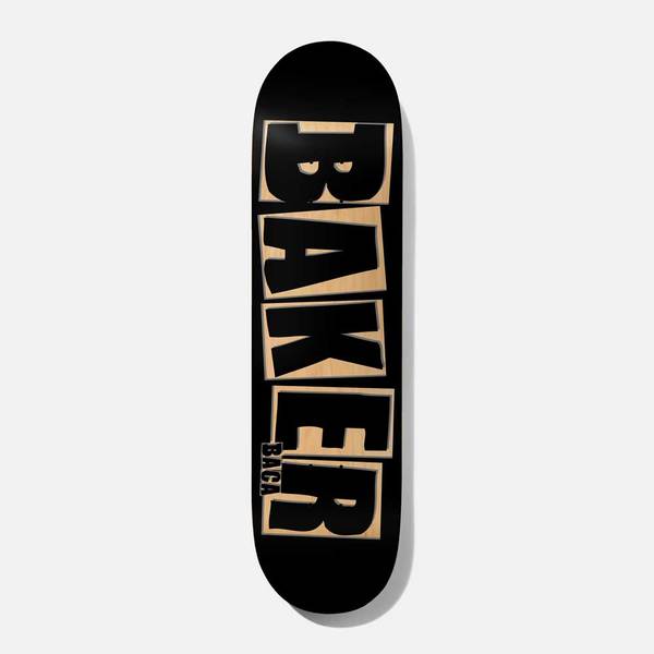 Baker Baca Brand Name Punch Out 8.0 skateboard deck: Stacked BAKER block letters in black with natural wood showing around and between them, with a small BACA label beside the R, on a black deck.