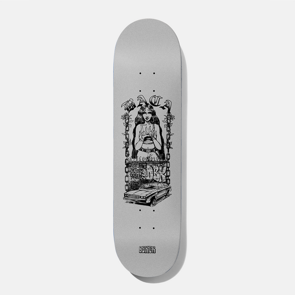 Baker Baca Dreamer 8.5 skateboard deck: Black line drawing of a long-haired woman holding a flame between her hands, framed by chains and roses with gothic lettering, above a graffiti wall and a lowrider car. Printed on a silver-grey deck.