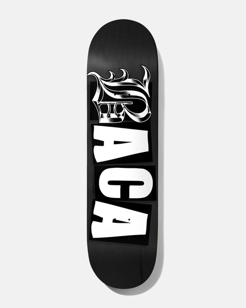 Baker Baca Icon Old E 8.5 skateboard deck: Large stacked white block letters spell the rider's surname on a black deck, with an ornate Old English style B at the top in white and black linework.