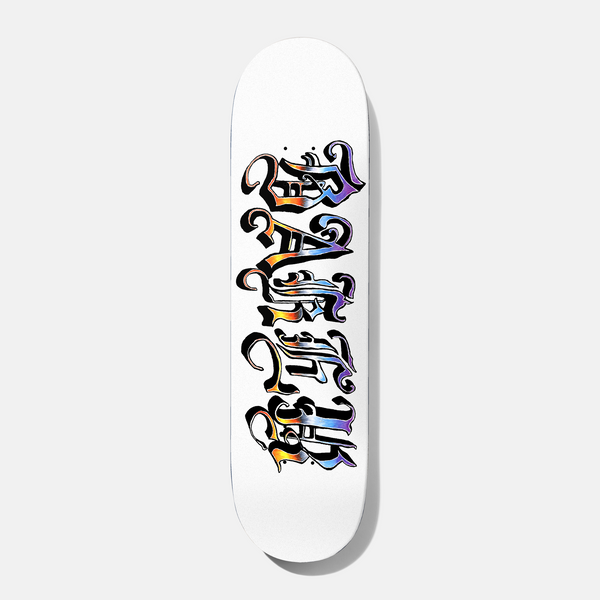 Baker Baca Oldee 8.0 skateboard deck: White deck with BAKER in ornate old-English blackletter, filled with a shiny iridescent chrome gradient of orange, blue and purple, running down the board.