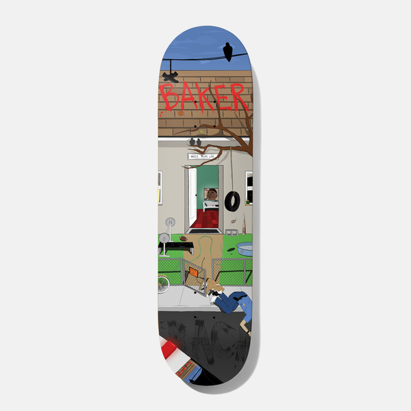 Baker Baca Pigeon View 8.25 skateboard deck: A drawn suburban house scene viewed from above shows a roof with red BAKER graffiti, a bird and trainers on the wire, a tyre swing, a fenced garden and a figure lying on the pavement beside a red-and-white barrier at the tail.