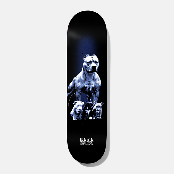 Baker Baca Pups 8.475 skateboard deck: Black deck with a blue-toned photographic image of a muscular pit bull standing over three puppies, with a blue glow behind and the rider name in blackletter script at the bottom.