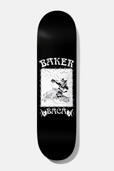 Baker Baca Skate Creep 8.25 skateboard deck: Black deck with a white framed black-and-white illustration of a witch-like figure riding a creature or car amid swirling smoke, with 'BAKER' in curly lettering above and 'BACA' flanked by small winged figures below.