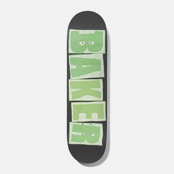 Baker Baca Sketchy Black 8.25 skateboard deck: Baker logo in large hand-drawn, chalk-outlined block letters filled with shades of pale green, stacked down a dark grey deck.