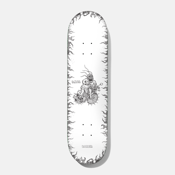 Baker Baca Stipple 8.25 skateboard deck: A stippled black ink drawing of a snarling helmeted rider with tentacle-like hair on a spiked motorcycle, centred on a white deck with a border of stippled flames. The rider's surname and Baker are written in small boxes.