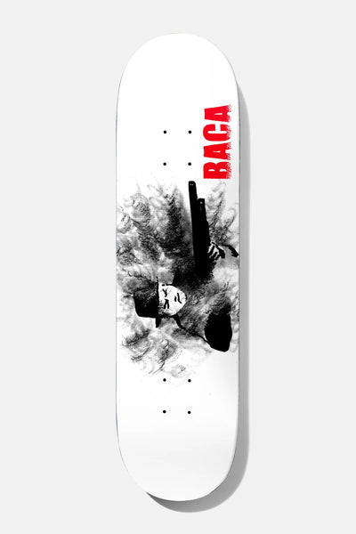 Baker Baca Take the Cannoli 8.25 skateboard deck: Black and white smudged photographic image of a hatted figure lying back and holding up a pistol amid smoky grain, with the name Baca in red capitals at the top right of a white deck.