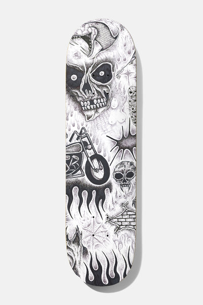 Baker Baca Tryptic 8.0 skateboard deck: Dense black and white pen stipple collage of a large skull, chopper motorcycle, flames, smaller skulls, a spider web, a brick wall and a snake, with no colour.