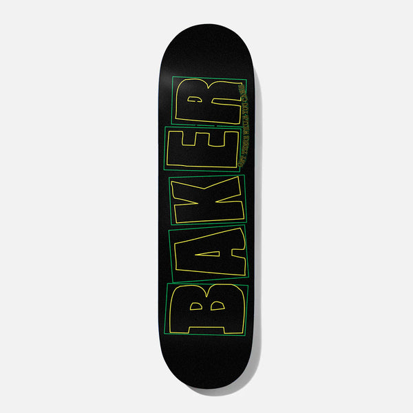 Baker Bake Junt Black Pearl 8.25 skateboard deck: The Baker logo in chunky letters drawn as yellow outlines inside green boxes on a plain black deck, with small curved text beside the top letters.