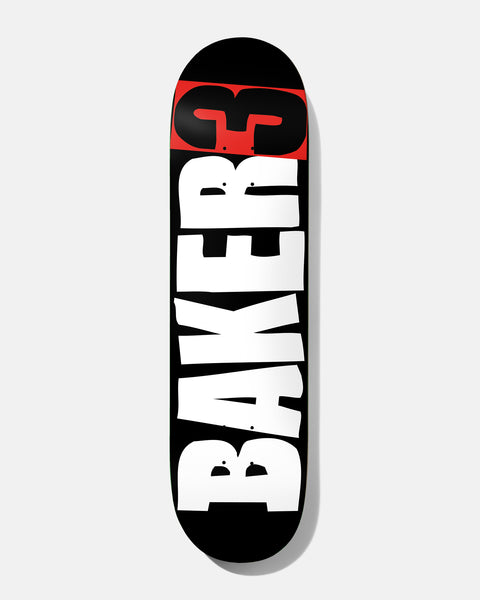Baker 3 8.25 skateboard deck: The Baker logo in huge white block capitals fills the length of a black deck, with a red rectangle and a black 3 at the top.