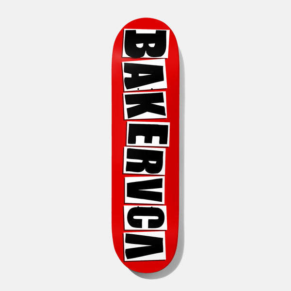 Baker BAKERVCA Red 8.25 skateboard deck: Red deck with the brand name in chunky black boxed capitals on white labels stacked down its length, the final letters reading as a mirrored, inverted VCA style.