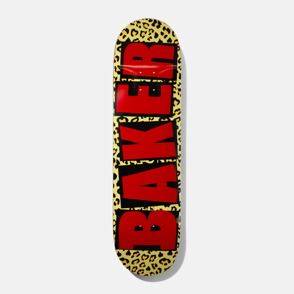 Baker Brand Logo Cheetah 8.5 skateboard deck: Baker logo in large red block letters with black outlines stacked down the deck, set over a yellow and black leopard spot print.