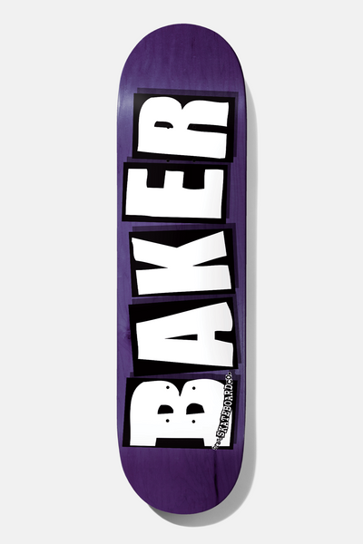 Baker Brand Logo - Random Veneers skateboard deck: Large white stacked BAKER block letters on black backing panels, with a small Skateboard tag, over a purple stained deck.