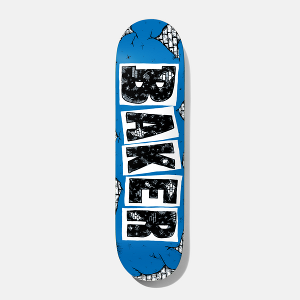 Baker Casper Bricks 8.38 skateboard deck: Bright blue deck with the Baker logo in hand-drawn black block letters on white tiles, filled with brick and star patterns. Cracked blue plaster breaks away at the edges to reveal brick walls.