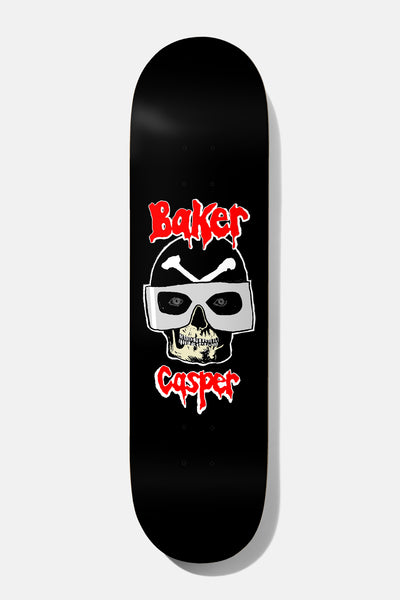 Baker Casper Baker Mania 8.25 skateboard deck: Skull wearing a grey wrestling-style eye mask with crossed bones on top, with dripping red Baker and Casper lettering above and below, on black.