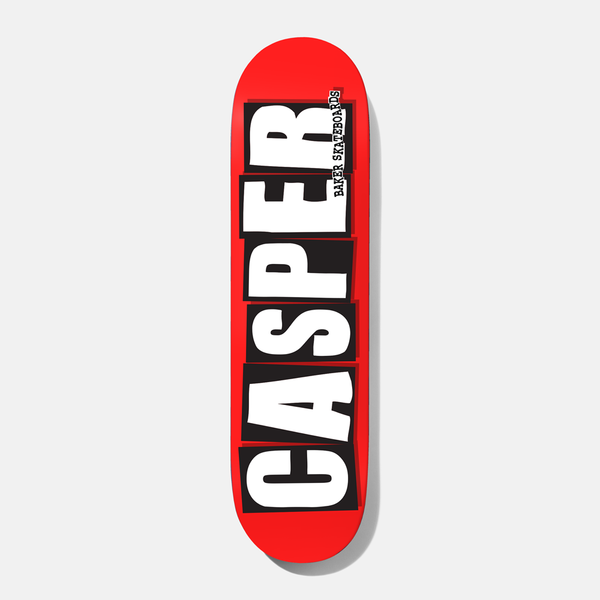 Baker Casper Brand Logo 8.0 skateboard deck: Rider name CASPER in large white capitals, each letter on its own black block, running the length of a red deck. Baker Skateboards in small type beside the top letters.