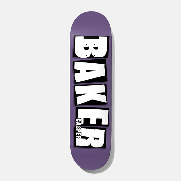 Baker Casper Brand Name Dipped Purple 8.0 skateboard deck: Large white block-letter Baker logo with black outlines and drop shadows stacked down the length of a flat purple deck, with the rider name Casper in small white letters over the final R.