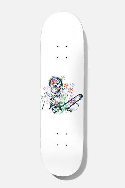 Baker Casper Brooker Texas Flowers 8.5 skateboard deck: Black ink sketch of a masked man in a tie holding a chainsaw, scattered with colourful flowers, on a plain white deck with a small Baker signature.
