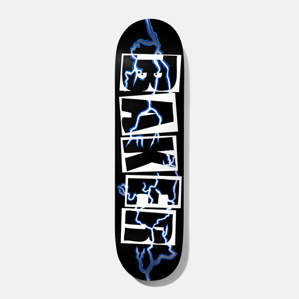 Baker Casper Electric 8.25 skateboard deck: Baker logo in white block letters with black cut-out lettering, cracked through by blue lightning bolts, on a black deck.