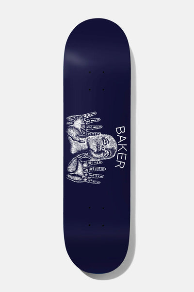 Baker Casper Hands That Show B2 8.5 skateboard deck: Stippled white drawing of a bald face between two open hands, one with an eye in its palm, on a dark navy deck. Baker in white capitals beside the face.