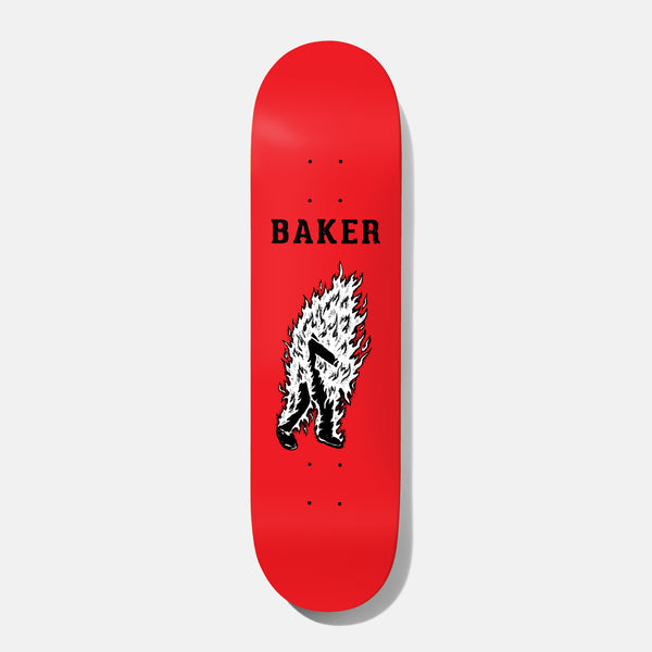 Baker Casper Man On Fire 8.5 skateboard deck: Bright red deck with BAKER in black collegiate lettering at the top. Below is a black and white illustration of a figure's legs and feet engulfed in white flames.