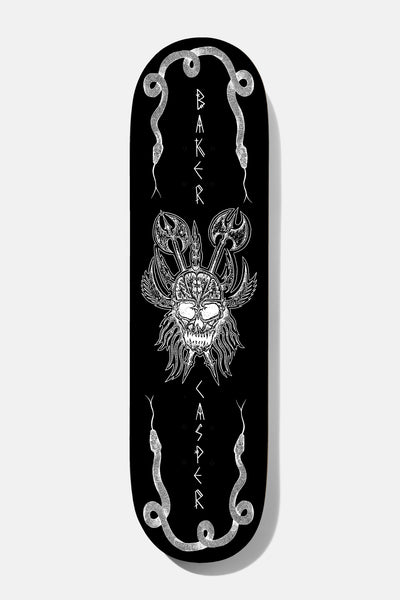 Baker Casper Brooker Ruins 8.25 skateboard deck: Black deck with a white line-drawn horned skull, crossed axes and a wild beard in the centre. Rune-style BAKER and CASPER lettering runs down the sides, framed by coiled snakes at each end.