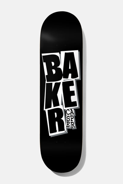 Baker Casper Stacked BLK B2 8.5 skateboard deck: Stacked BAKER block letters in black on white tiles with a grey drop shadow, with a small CASPER label beside the R, on a black deck.