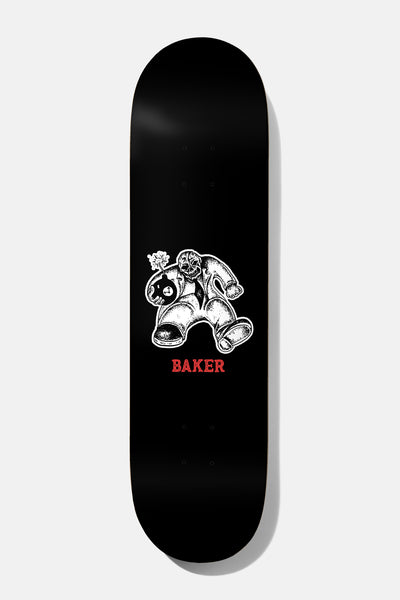 Baker Casper Time Bomb 8.125 skateboard deck: Small black-and-white stippled figure in a suit and boots carrying a lit round bomb with a fuse, on a black deck with red BAKER lettering below.