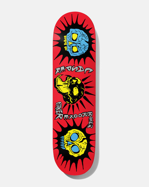 Baker Casper Wide Jaw 8.475 skateboard deck: Three skulls in black spiky bursts, one blue, one yellow and black, one yellow and blue, stacked down a red deck with scratchy grey lettering between them.