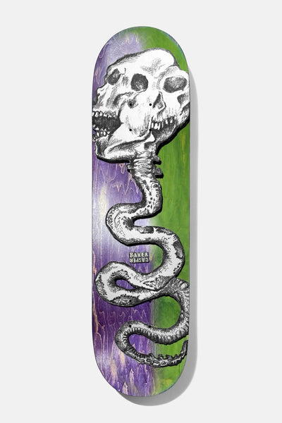 Baker Casper Yeller 8.25 skateboard deck: Black and white pen drawing of a two-headed skull on a long spine that winds down as a snake, on a deck stained purple on the left and green on the right. Small Baker Casper label on the snake.