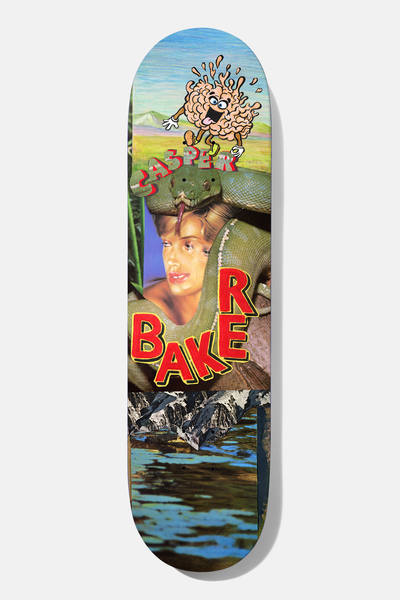 Baker Casper Brooker Desk Shrapnel 8.0 skateboard deck: Collage of a green snake wrapped around a woman's shoulders, a cartoon splashing brain character above, a lake and mountains below, with red Baker and Casper lettering.