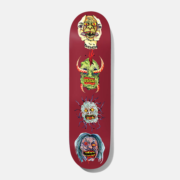Baker Casper Portraits B2 8.0 skateboard deck: Four hand-drawn monstrous heads stacked down a maroon deck: a stitched and chained face, a green horned demon, a pale spiky blob creature and a grey-haired zombie, all with yellow teeth.