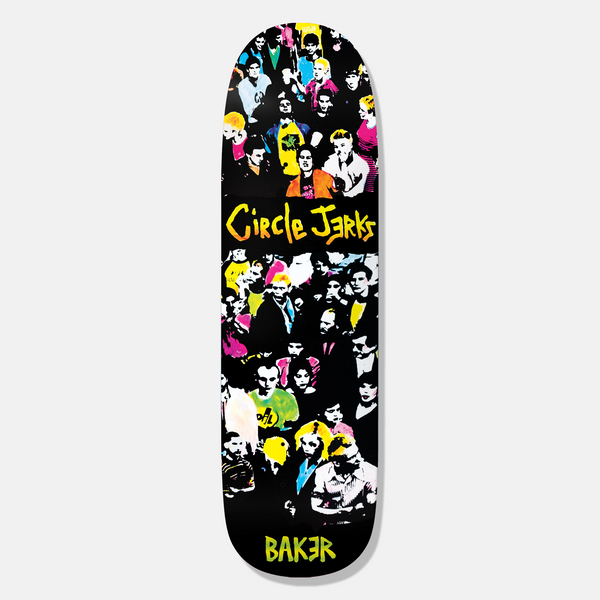 Baker Circle Jerks Album Art 9.6 skateboard deck: A crowd of punk fans, rendered in high-contrast photographic style with neon yellow, pink, green and blue highlights on black, fills the deck. The yellow Circle Jerks logo sits across the middle and Baker at the tail.