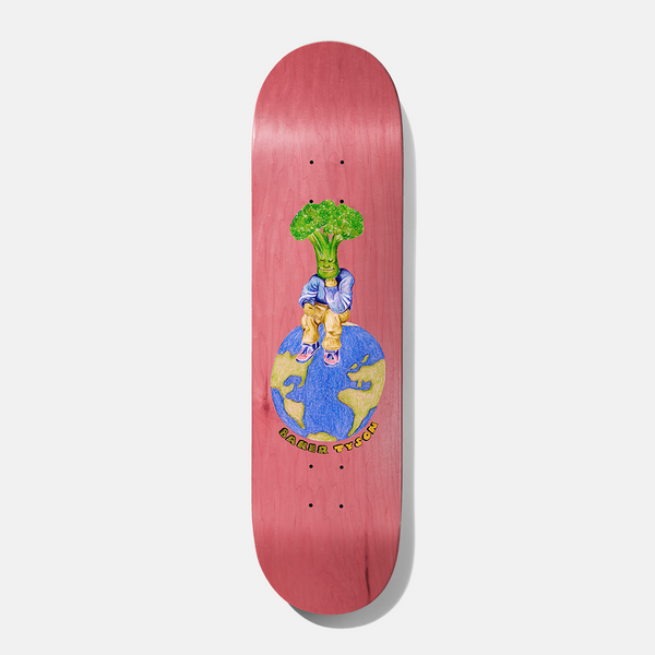 Baker Tyson Broccolli Boy 8.0 skateboard deck: Coloured-pencil style drawing of a seated figure with a broccoli head sitting on top of the Earth, with hand-lettered text curving below, on a pink-red stained deck.