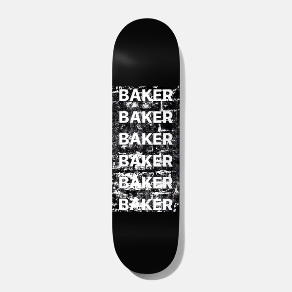 Baker Distressing Sensation Team 8.5 skateboard deck: Six stacked BAKER words in white bold type over a distressed black and white brick wall panel in the middle of a black deck.